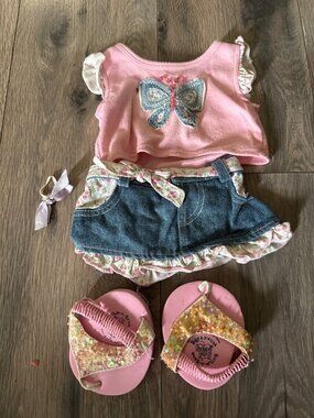 Build-A-Bear Butterfly Outfit Set With Denim Skirt Pink Top Glitter Sandals & Bo